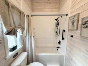 a bathroom with a shower and a toilet and a sink at Cozy 1BR Tiny Home with Pool Access and Free Tix in Flat Rock
