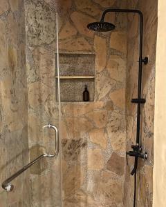 Vota Ranch Luxury Villa Stay & Nature Retreat في Machakos: دش في الحمام بجدار حجري