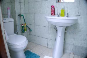 a bathroom with a white toilet and a sink at Alpha Homes in Mombasa +2 photos