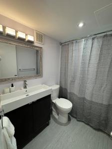 a bathroom with a white toilet and a sink at Beachfront two story apartment in Miami Beach +10 photos