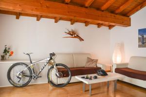 - un vélo garé dans un salon avec un canapé dans l'établissement Stella Sport Apartments, à Nago-Torbole
