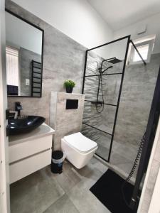 un bagno con doccia, WC e lavandino di Belvárosi Lux Apartman a Vásárosnamény Altre 43 foto