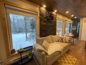 a living room with a couch and a large window at Spa & River view - Le Conteneur Cache in Saint-Just-de-Bretenières