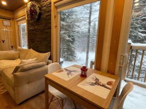 a living room with a table and a couch at Spa & River view - Le Conteneur Cache in Saint-Just-de-Bretenières