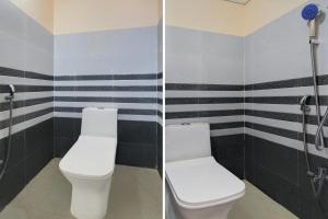 two pictures of a bathroom with a toilet and a shower at Super Hotel O Bharat Institute of Engineering Hyderabad Formerly Blue Petals in Hyderabad