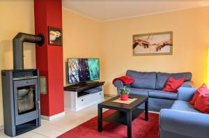a living room with a blue couch and a tv at Unter den Kiefern 62 in Röbel