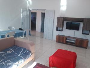 Appartement 5 Midoun centre في تاجورميس: غرفة معيشة مع أريكة وتلفزيون بشاشة مسطحة