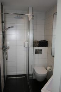 a bathroom with a toilet and a glass shower at Vlotho Apartment in Vlotho