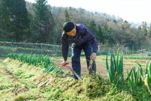 a man is working in a field with a shovel at Takinoyu Hotel in Tendo