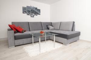a living room with a gray couch and a glass table at Apartament Zacisze Tatr in Zakopane