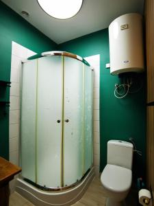 a bathroom with a toilet and a green wall at Leszczynowy Sad - apartament z kominkiem i ogrodem in Wydminy