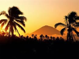 a sunset with two palm trees and a mountain at E-Home Kulai in Kulai