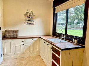een keuken met een spoelbak en een raam bij Little River Valley in Denmark