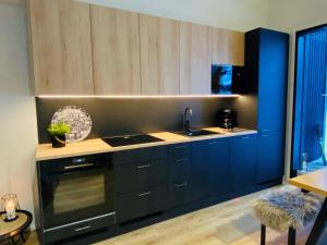 Una cocina con gabinetes azules y un fregadero. en Villa Anilia, en Syöte