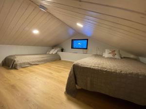 1 dormitorio en el ático con 2 camas y TV de pantalla plana en Villa Anilia, en Syöte