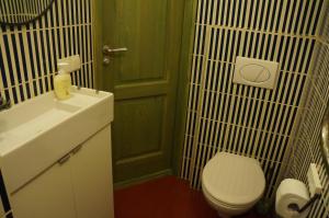 a bathroom with a white toilet and a sink at Guest House Mr Fox in Druskininkai