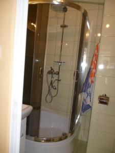 a shower with a glass door in a bathroom at Apartament Andre in Gdynia