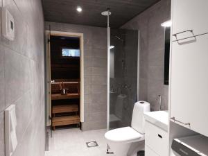 un bagno con wc, doccia e lavandino di Saarimaja a Syöte Altre 11 foto