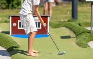 a person playing golf on a putting green at Lovely Home In Myggenäs With Sauna in Höviksnäs +23 photos