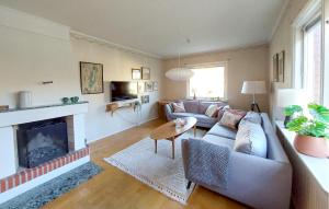 a living room with a couch and a fireplace at Nice Home In Bolmsö With Lake View in Bolmsö