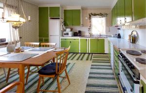 a kitchen with green cabinets and a wooden table at Nice Home In Bolmsö With Lake View in Bolmsö +14 photos
