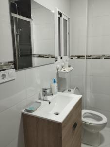 a bathroom with a sink and a toilet and a mirror at Apartamento acogedor. in Gelves +14 photos