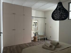 Farska apartman priamo v centre Nitry في نيترا: غرفة نوم مع دواليب بيضاء وسرير مع وسادتين