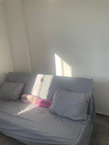 a couch with three pillows on it in a room at Flat 2 ao lado da UFSJ e Igreja São Francisco in São João del Rei +4 photos