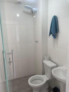 Flat 2 ao lado da UFSJ e Igreja São Francisco في ساو جواو ديل ري: حمام أبيض مع مرحاض ومغسلة