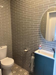 a bathroom with a toilet and a sink and a mirror at 3 bed house with stunning views on Achill Island in Sraheens