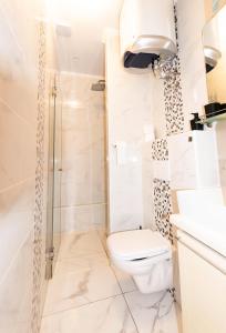 een badkamer met een toilet en een douche bij Apartments Breza in Razvala +24 foto's