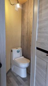 ein Bad mit einem WC und einer Holzwand in der Unterkunft Byurakan Pandok in Byurakan