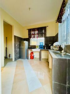 a large kitchen with a counter and a refrigerator at Leo Home in Nungwi