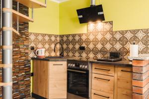 een keuken met een spoelbak en een fornuis bovenste oven bij Agroturystyka Monte Luna in Czarnów