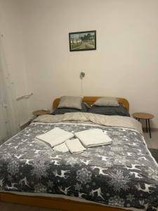 een slaapkamer met een bed met twee handdoeken erop bij Kitti Kuckója in Debrecen +6 foto's
