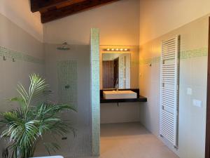 un bagno con lavandino e specchio di Global Chill Farm Loft a Rogil