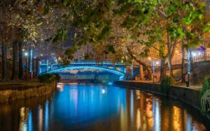 a blue bridge over a river at night at River Palace Suite in Tríkala