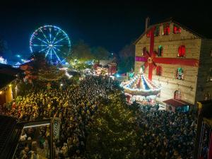a large crowd of people at a fair with a ferris wheel at River Palace Suite in Tríkala