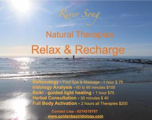 a flyer for a retreat at the beach at River Song Retreat Golden Bay in Onekaka +34 photos