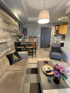 Business Flat Stavroupoli في سلانيك: غرفة معيشة بها أريكة وطاولة