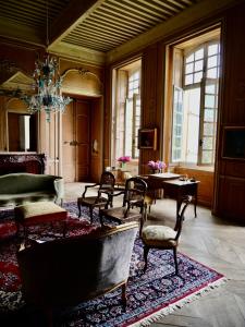 Chateau de Gudanes في Château-Verdun: غرفة معيشة مع كراسي وطاولة وثريا