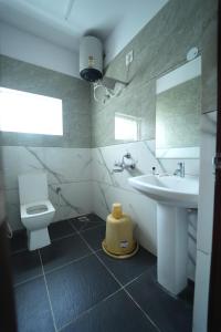 迈索尔Nandan Residency的浴室里有洗手池、马桶和镜子。