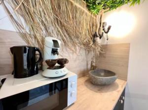 Eine Küche mit einem Mixer und einer Schüssel auf der Arbeitsfläche. in der Unterkunft Love room Évasion tropicale in Souppes-sur-Loing