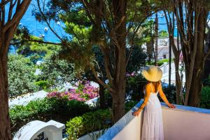 卡普里Casa Schiattarella Capri的站在一个海景阳台上戴着帽子的女人 更多41张照片