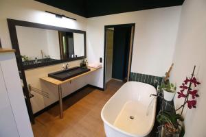 a bathroom with a white tub and a sink at Chambre "Argentine", Le Clos des Poulies in La Ferté-Saint-Aubin +8 photos