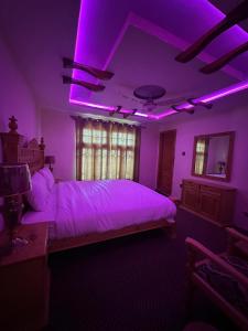 Un dormitorio con una cama con luces moradas. en Crown Resort, en Skardu 3 fotos más