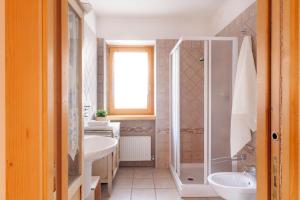 a bathroom with a sink and a shower and a toilet at The Dolomites Lodge in San Pietro di Cadore