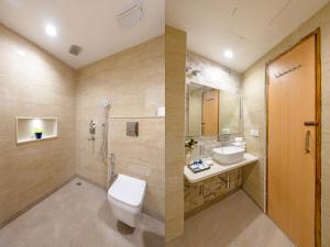 Un baño con inodoro, lavabo y ducha. en Hotel New King Castle International- Free Airport Pick up, en Nueva Delhi