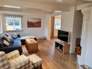 a living room with a couch and a tv at Haus Oevenum in Oevenum