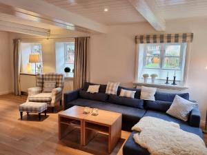a living room with a blue couch and a chair at Haus Oevenum in Oevenum